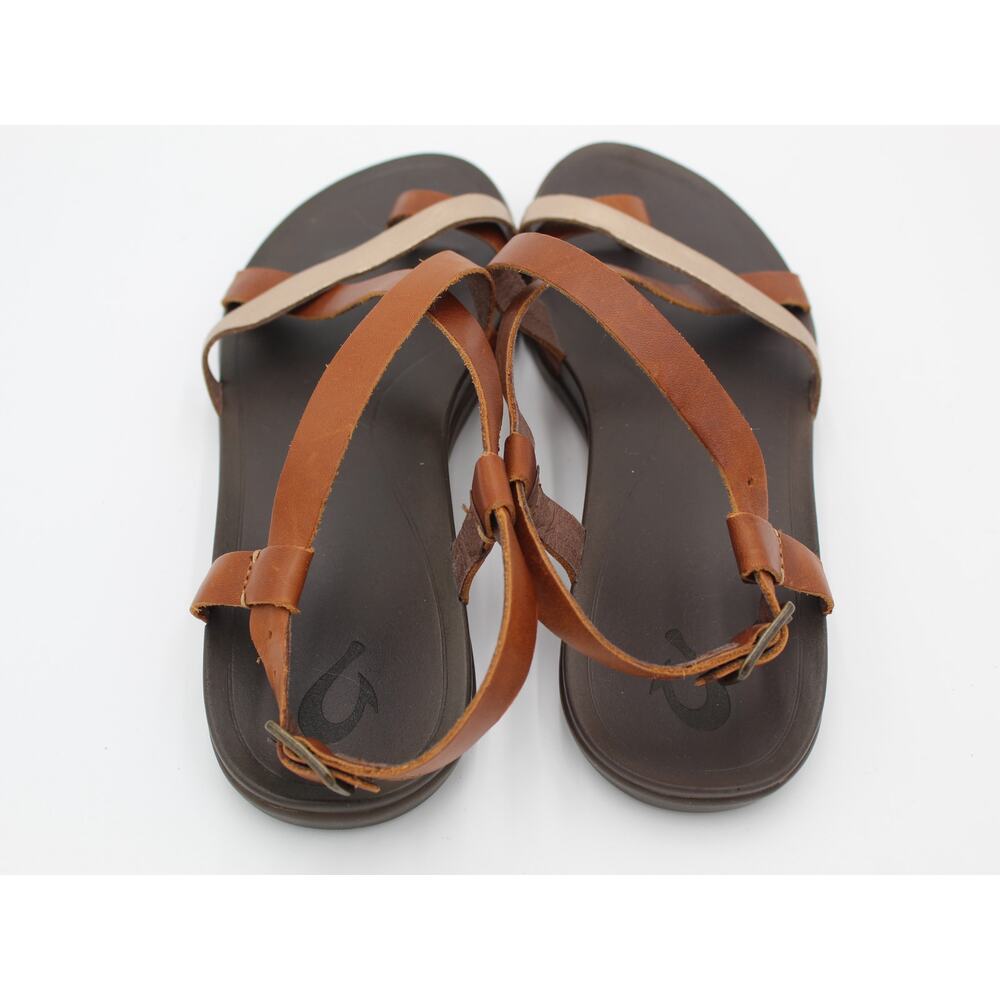 OluKai Upena Sandals Womens 10 Brown Gold Leather Strappy Comfort Beach Resort - Picture 4 of 7